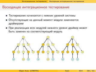 Интеграционное тестирование

Восходящее интеграционное тестирование

Восходящее интеграционное тестирование
Тестирование начинается с нижних уровней системы
Отсутствующие на данный момент модули заменяются
драйверами
При реализации всех модулей нижнего уровня драйвер может
быть заменен на соответствующий модуль

Марат Ахин (СПбГПУ)

Input

2014

108 / 321

 