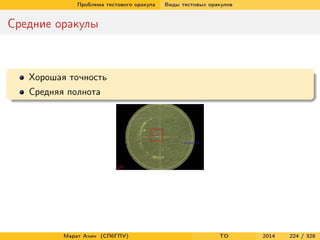 Проблема тестового оракула Виды тестовых оракулов
Средние оракулы
Хорошая точность
Средняя полнота
Марат Ахин (СПбГПУ) TO 2014 224 / 328
 