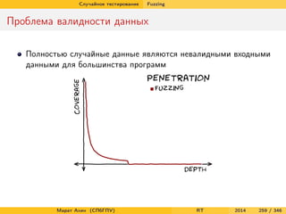 Случайное тестирование Fuzzing
Проблема валидности данных
Полностью случайные данные являются невалидными входными
данными для большинства программ
Марат Ахин (СПбГПУ) RT 2014 259 / 346
 