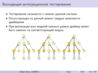 Восходящее интеграционное тестирование
Тестирование начинается с нижних уровней системы
Отсутствующие на данный момент модули заменяются
драйверами
При реализации всех модулей нижнего уровня драйвер может
быть заменен на соответствующий модуль
Марат Ахин (СПбПУ) Input 2016 110 / 359
 