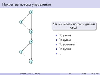 Покрытие потока управления
Как мы можем покрыть данный
CFG?
По узлам
По дугам
По условиям
По путям
...
Марат Ахин (СПбПУ) TC 2016 168 / 359
 