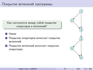 Покрытие ветвлений программы
Как соотносятся между собой покрытия
операторов и ветвлений?
1 Никак
2 Покрытие операторов включает покрытие
ветвлений
3 Покрытие ветвлений включает покрытие
операторов
Марат Ахин (СПбПУ) TC 2016 171 / 359
 