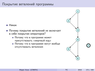 Покрытие ветвлений программы
Никак
Почему покрытие ветвлений не включает
в себя покрытие операторов?
Потому что в программе может
присутствовать «мертвый код»
Потому что в программе могут вообще
отсутствовать ветвления
Марат Ахин (СПбПУ) TC 2016 172 / 359
 