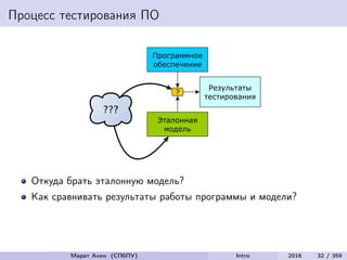 Процесс тестирования ПО
Откуда брать эталонную модель?
Как сравнивать результаты работы программы и модели?
Марат Ахин (СПбПУ) Intro 2016 32 / 359
 