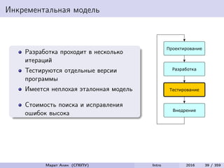 Инкрементальная модель
Разработка проходит в несколько
итераций
Тестируются отдельные версии
программы
Имеется неплохая эталонная модель
Стоимость поиска и исправления
ошибок высока
Марат Ахин (СПбПУ) Intro 2016 39 / 359
 
