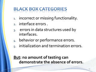 incorrect or missing functionality. interface errors . errors in data structures used by interfaces. behavior or performance errors. initialization and termination errors. But : no amount of testing can demonstrate the absence of errors. 