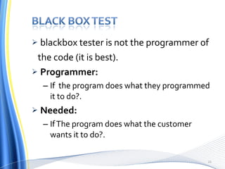 blackbox tester is not the programmer of  the code (it is best). Programmer: If  the program does what they programmed it to do?. Needed: If The program does what the customer wants it to do?. 