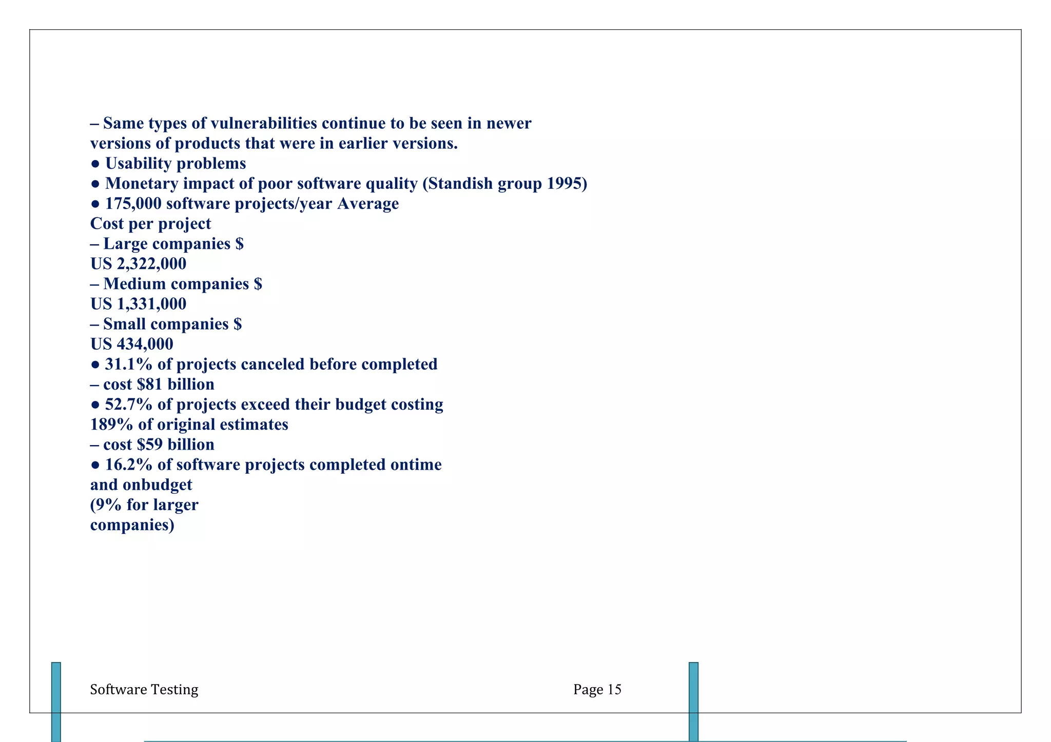 – Same types of vulnerabilities continue to be seen in newer
versions of products that were in earlier versions.
● Usability problems
● Monetary impact of poor software quality (Standish group 1995)
● 175,000 software projects/year Average
Cost per project
– Large companies $
US 2,322,000
– Medium companies $
US 1,331,000
– Small companies $
US 434,000
● 31.1% of projects canceled before completed
– cost $81 billion
● 52.7% of projects exceed their budget costing
189% of original estimates
– cost $59 billion
● 16.2% of software projects completed ontime
and onbudget
(9% for larger
companies)




Software Testing                                              Page 15
 