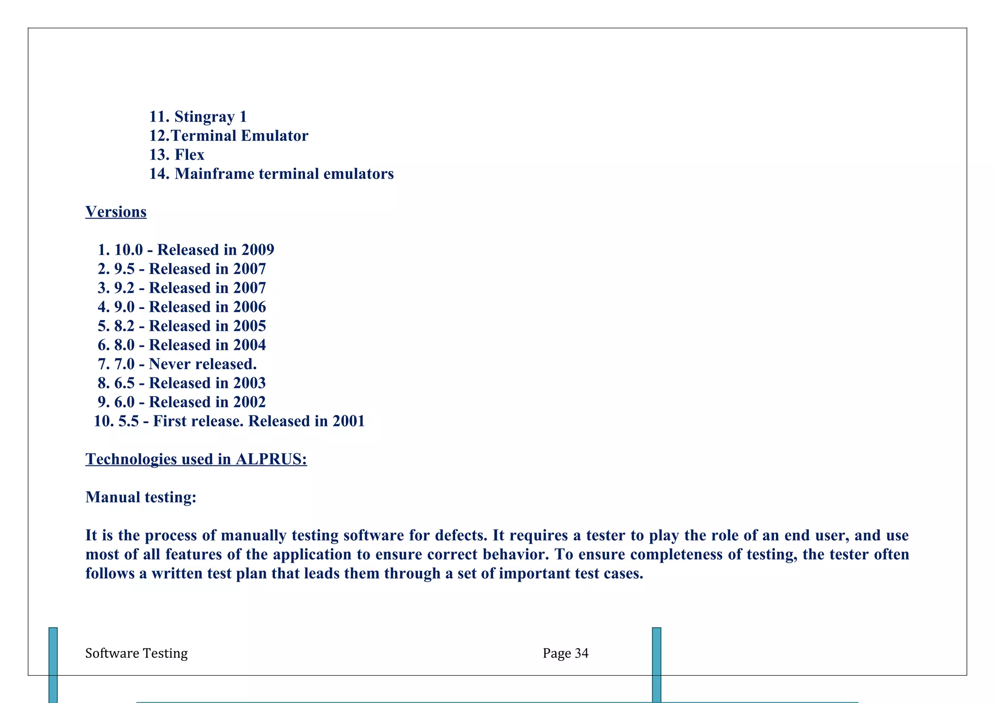 11. Stingray 1
           12.Terminal Emulator
           13. Flex
           14. Mainframe terminal emulators

Versions

  1. 10.0 - Released in 2009
  2. 9.5 - Released in 2007
  3. 9.2 - Released in 2007
  4. 9.0 - Released in 2006
  5. 8.2 - Released in 2005
  6. 8.0 - Released in 2004
  7. 7.0 - Never released.
  8. 6.5 - Released in 2003
  9. 6.0 - Released in 2002
 10. 5.5 - First release. Released in 2001

Technologies used in ALPRUS:

Manual testing:

It is the process of manually testing software for defects. It requires a tester to play the role of an end user, and use
most of all features of the application to ensure correct behavior. To ensure completeness of testing, the tester often
follows a written test plan that leads them through a set of important test cases.



Software Testing                                                   Page 34
 