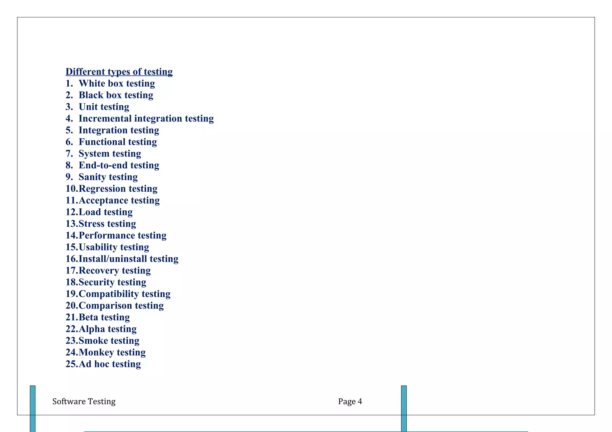 Different types of testing
   1. White box testing
   2. Black box testing
   3. Unit testing
   4. Incremental integration testing
   5. Integration testing
   6. Functional testing
   7. System testing
   8. End-to-end testing
   9. Sanity testing
   10.Regression testing
   11.Acceptance testing
   12.Load testing
   13.Stress testing
   14.Performance testing
   15.Usability testing
   16.Install/uninstall testing
   17.Recovery testing
   18.Security testing
   19.Compatibility testing
   20.Comparison testing
   21.Beta testing
   22.Alpha testing
   23.Smoke testing
   24.Monkey testing
   25.Ad hoc testing


Software Testing                        Page 4
 