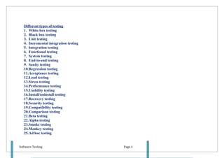 Different types of testing
   1. White box testing
   2. Black box testing
   3. Unit testing
   4. Incremental integration testing
   5. Integration testing
   6. Functional testing
   7. System testing
   8. End-to-end testing
   9. Sanity testing
   10.Regression testing
   11.Acceptance testing
   12.Load testing
   13.Stress testing
   14.Performance testing
   15.Usability testing
   16.Install/uninstall testing
   17.Recovery testing
   18.Security testing
   19.Compatibility testing
   20.Comparison testing
   21.Beta testing
   22.Alpha testing
   23.Smoke testing
   24.Monkey testing
   25.Ad hoc testing


Software Testing                        Page 4
 