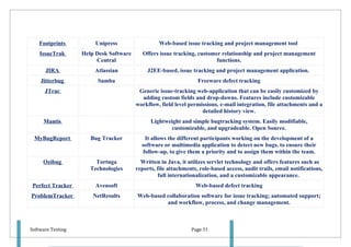 Footprints          Unipress                  Web-based issue tracking and project management tool
    IssueTrak      Help Desk Software      Offers issue tracking, customer relationship and project management
                        Central                                          functions.
      JIRA             Atlassian             J2EE-based, issue tracking and project management application.
    Jitterbug           Samba                                     Freeware defect tracking
      JTrac                              Generic issue-tracking web-application that can be easily customized by
                                          adding custom fields and drop-downs. Features include customizable
                                        workflow, field level permissions, e-mail integration, file attachments and a
                                                                   detailed history view.
     Mantis                                   Lightweight and simple bugtracking system. Easily modifiable,
                                                      customizable, and upgradeable. Open Source.
 MyBugReport          Bug Tracker          It allows the different participants working on the development of a
                                          software or multimedia application to detect new bugs, to ensure their
                                          follow-up, to give them a priority and to assign them within the team.
     Ozibug             Tortuga           Written in Java, it utilizes servlet technology and offers features such as
                      Technologies      reports, file attachments, role-based access, audit trails, email notifications,
                                                 full internationalization, and a customizable appearance.
 Perfect Tracker        Avensoft                                 Web-based defect tracking
ProblemTracker         NetResults       Web-based collaboration software for issue tracking; automated support;
                                                  and workflow, process, and change management.



Software Testing                                               Page 53
 