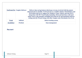 TestTrack Pro Seapine Software       Delivers time-saving features that keep everyone, involved with the project,
                                 informed and on schedule. TestTrack Pro is a scalable solution with Windows and
                                    Web clients and server support for Windows, Linux, Solaris, and Mac OS X,
                                    integration with MS Visual Studio (including .NET) and interfaces with most
                                  major source code managers including Surround SCM, and automated software
                                   testing tool, QA Wizard, along with other Seapine tools. Download a free Eval.
    Track          Soffront                                  Defect tracking system
 ZeroDefect        ProStyle                                     Issue management



Bug report




Software Testing                                              Page 58
 