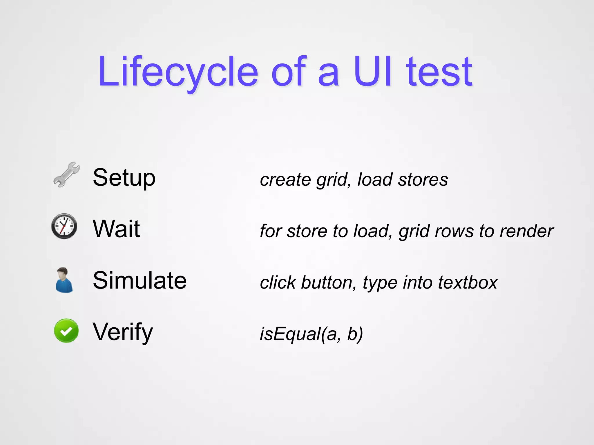Lifecycle of a UI test

Setup      create grid, load stores

Wait       for store to load, grid rows to render

Simulate   click button, type into textbox

Verify     isEqual(a, b)
 