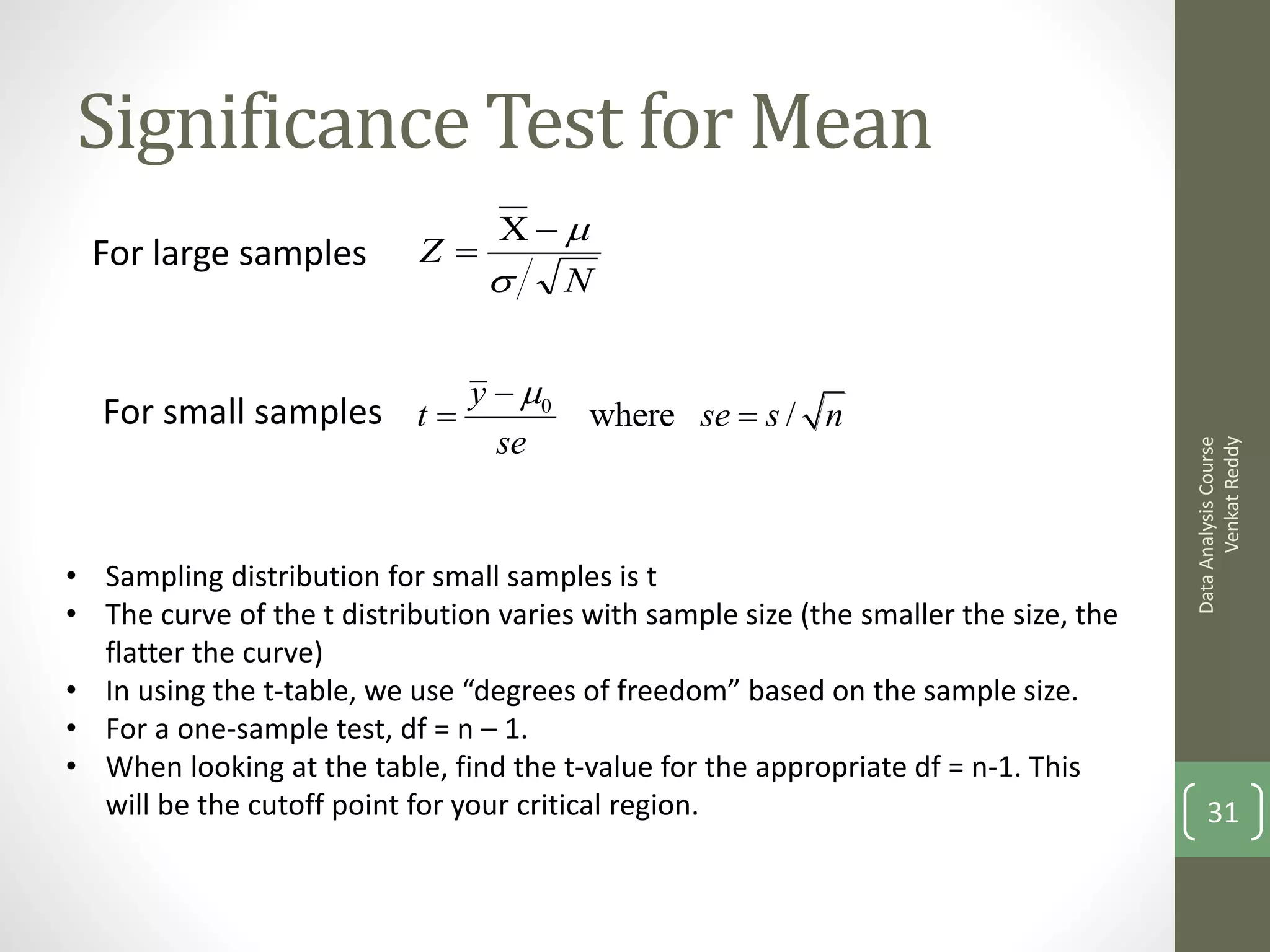 Significance Test for Mean
                                 
  For large samples         Z
                                  N

                                y  0
  For small samples t                   where se  s / n
                                  se




                                                                                             Venkat Reddy
                                                                                       Data Analysis Course
• Sampling distribution for small samples is t
• The curve of the t distribution varies with sample size (the smaller the size, the
  flatter the curve)
• In using the t-table, we use “degrees of freedom” based on the sample size.
• For a one-sample test, df = n – 1.
• When looking at the table, find the t-value for the appropriate df = n-1. This
  will be the cutoff point for your critical region.                                       31
 