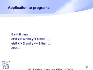 52
Application to programs
if x < 6 then …
elsif x > 4 and y < 5 then …
elsif x > 2 and y <= 2 then …
else ...
 