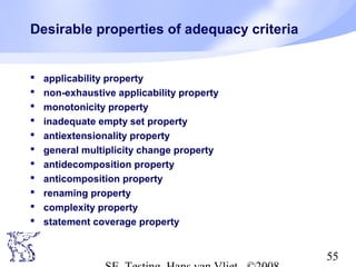 55
Desirable properties of adequacy criteria
 applicability property
 non-exhaustive applicability property
 monotonicity property
 inadequate empty set property
 antiextensionality property
 general multiplicity change property
 antidecomposition property
 anticomposition property
 renaming property
 complexity property
 statement coverage property
 