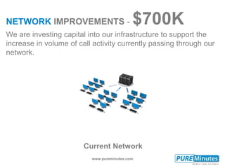 www.pureminutes.com
NETWORK IMPROVEMENTS - $700K
We are investing capital into our infrastructure to support the
increase in volume of call activity currently passing through our
network.
Current Network
 