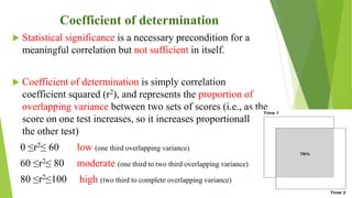 Coefficient of determination
 Statistical significance is a necessary precondition for a
meaningful correlation but not sufficient in itself.
 Coefficient of determination is simply correlation
coefficient squared (r2), and represents the proportion of
overlapping variance between two sets of scores (i.e., as the
score on one test increases, so it increases proportionally on
the other test)
0 ≤r2≤ 60 low (one third overlapping variance)
60 ≤r2≤ 80 moderate (one third to two third overlapping variance)
80 ≤r2≤100 high (two third to complete overlapping variance)
 
