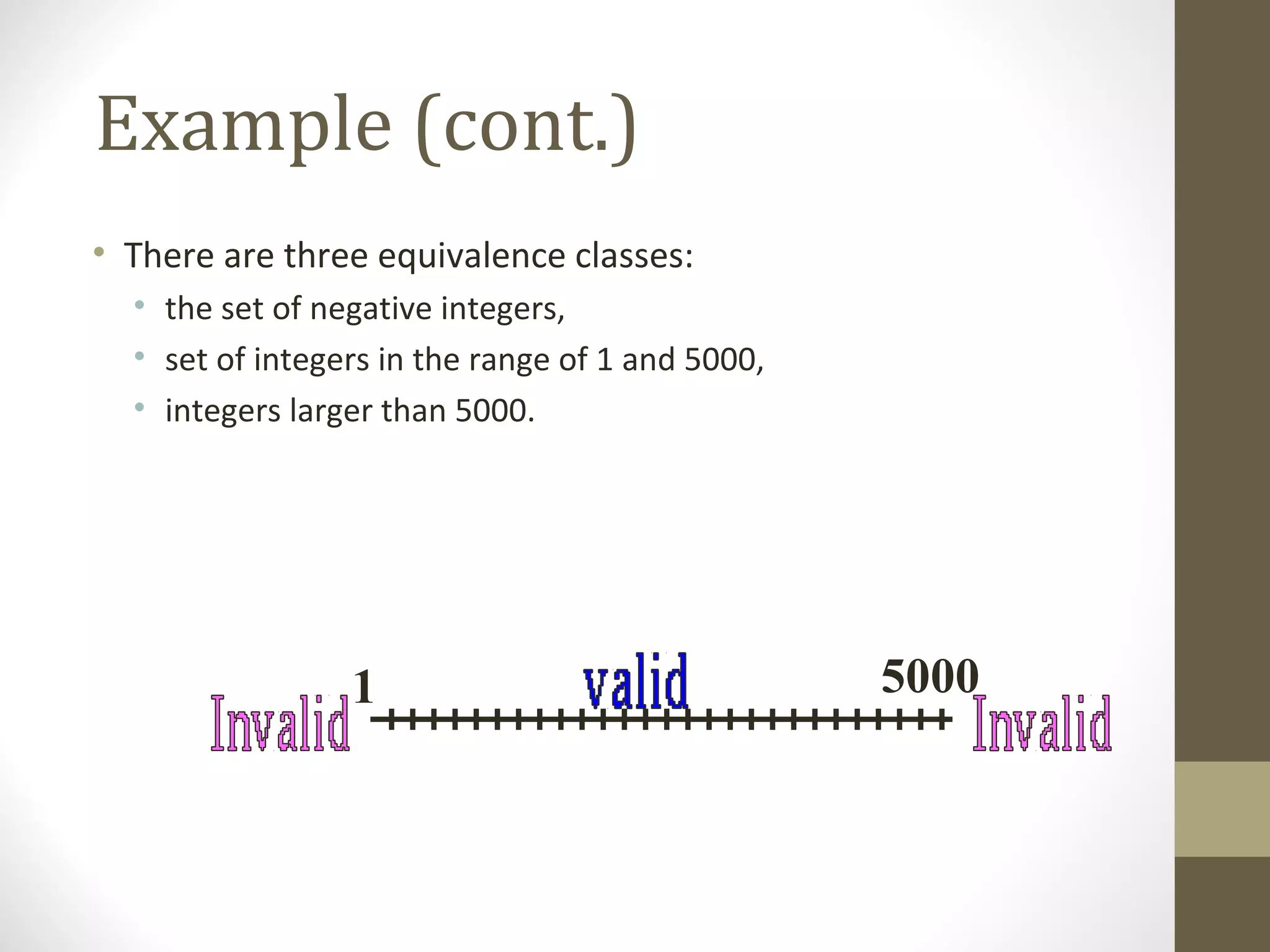 Example (cont.)
• There are three equivalence classes:
• the set of negative integers,
• set of integers in the range of 1 and 5000,
• integers larger than 5000.
1 5000
 