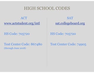 HIGH SCHOOL CODES
ACT
www.actstudent.org/intl
HS Code: 705720
Test Center Code: 867480
(through June 2018)
SAT
sat.collegeboard.org
HS Code: 705720
Test Center Code: 74905
 