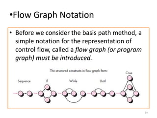 •Flow Graph Notation
• Before we consider the basis path method, a
simple notation for the representation of
control flow, called a flow graph (or program
graph) must be introduced.
14
 