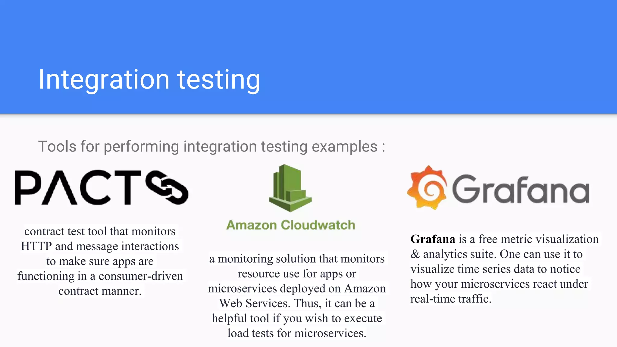Integration testing
Tools for performing integration testing examples :
contract test tool that monitors
HTTP and message interactions
to make sure apps are
functioning in a consumer-driven
contract manner.
a monitoring solution that monitors
resource use for apps or
microservices deployed on Amazon
Web Services. Thus, it can be a
helpful tool if you wish to execute
load tests for microservices.
Grafana is a free metric visualization
& analytics suite. One can use it to
visualize time series data to notice
how your microservices react under
real-time traffic.
 