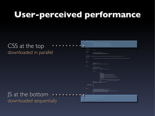 User-perceived performance CSS at the top downloaded in parallel JS at the bottom downloaded sequentially <html xmlns=&quot;http://www.w3.org/1999/xhtml&quot;> <head> <title>Loom Demo - </title> <link href=&quot;/loomdemo/css/yaml-3.0.5/core/base.css&quot; rel=&quot;stylesheet&quot; type=&quot;text/css&quot;></link> <link href=&quot;/loomdemo/css/yaml-3.0.5/navigation/nav_vlist.css&quot; rel=&quot;stylesheet&quot; type=&quot;text/css&quot;></link> <link href=&quot;/loomdemo/css/yaml-3.0.5/navigation/nav_slidingdoor.css&quot; rel=&quot;stylesheet&quot; type=&quot;text/css&quot;></link> <link href=&quot;/loomdemo/css/yaml-3.0.5/screen/content_default.css&quot; rel=&quot;stylesheet&quot; type=&quot;text/css&quot;></link> <link href=&quot;/loomdemo/css/yaml-3.0.5/core/print_base.css&quot; rel=&quot;stylesheet&quot; type=&quot;text/css&quot;></link> <!--[if IE]><link href=&quot;/loomdemo/css/yaml-3.0.5/core/iehacks.css&quot; rel=&quot;stylesheet&quot; type=&quot;text/css&quot;></link><![endif]--> </head> <body> <div id=&quot;page_margins&quot;> <div id=&quot;page&quot;> <div id=&quot;header&quot;> <div id=&quot;topleft&quot;> <a href=&quot;/loomdemo/&quot; title=&quot;Demo home&quot;>Demo home</a> | <a href=&quot;http://loom.extrema-sistemas.org/&quot; title=&quot;Loom home&quot;>Loom home</a> | <a href=&quot;http://loom.extrema-sistemas.org/get-documentation&quot; title=&quot;Loom doc&quot;>Loom doc</a>  </div> <div id=&quot;topcenter&quot;> Change language: ( <a href=&quot;/loomdemo/support/Locale.action?locale=en&quot; hreflang=&quot;en&quot; class=&quot;selected&quot;>english</a> | <a href=&quot;/loomdemo/support/Locale.action?locale=es&quot; hreflang=&quot;es&quot; class=&quot;&quot;>español</a> ) </div> <div id=&quot;topnav&quot;> <a href=&quot;/loomdemo/other/ViewJspSource.action?jspFilename=/WEB-INF/jsp/ebanking/listAll.jsp&actionName=org.loom.demo.action.ebanking.MortgagesAction&quot; class=&quot;strong&quot; title=&quot;View source&quot;>View source</a> </div> </div>   <div id=&quot;main&quot;> < <div id=&quot;col2&quot;> <div id=&quot;col2_content&quot; class=&quot;clearfix&quot;> <div id=&quot;tips&quot;>   <div class=&quot;hide-fouc important&quot;>Tips are only available with javascript turned on</div> </div> </div> </div> <div id=&quot;col3&quot;> <div id=&quot;col3_content&quot; class=&quot;clearfix&quot;> <form action=&quot;/loomdemo/ebanking/Mortgages.action&quot;> <div class=&quot;buttonBar&quot;> <input type=&quot;submit&quot; value=&quot;Delete&quot; class=&quot;submit&quot; /> </div> <table id=&quot;row&quot;> <thead> <tr> <th class=&quot;first&quot;></th> <th class=&quot;sortable&quot;> <a href=&quot;Mortgages.action?sort=id&amp;event=listAll&amp;dir=asc&quot;>ID</a></th> <th class=&quot;name sortable&quot;> <a href=&quot;Mortgages.action?sort=name&amp;event=listAll&amp;dir=asc&quot;>Name</a></th> <th class=&quot;sortable&quot;> <a href=&quot;Mortgages.action?sort=address&amp;event=listAll&amp;dir=asc&quot;>Address</a></th> <th class=&quot;date sortable&quot;> <a href=&quot;Mortgages.action?sort=principalLoanBalance&amp;event=listAll&amp;dir=asc&quot;>Loan</a></th> <th></th> <th class=&quot;date sortable&quot;> <a href=&quot;Mortgages.action?sort=creationDate&amp;event=listAll&amp;dir=asc&quot;>Creation date</a></th></tr></thead> <tbody> <tr class=&quot;empty&quot;><td colspan=&quot;7&quot;>Nothing found to display.</td></tr> </tbody> </table> <input type=&quot;hidden&quot; name=&quot;__source&quot; value=&quot;/WEB-INF/jsp/ebanking/listAll.jsp&quot;/> <input type=&quot;hidden&quot; name=&quot;event&quot; value=&quot;delete&quot;/> </form> <!-- IE Column Clearing -->  <div id=&quot;ie_clearing&quot;> &#160; </div>  </div> </div> </div> <div id=&quot;footer&quot;> <p style=&quot;float:right&quot;>Layout based on <a href=&quot;http://www.yaml.de/en/home.html&quot;>YAML</a></p>  <p>You are currently one of the 1 users browsing this demo site.  -  <a href=&quot;/loomdemo/about.jsp&quot; title=&quot;about this demo site&quot;>about this demo site</a></p> <p>&copy; 2007 Extrema Sistemas de Informaci&oacute;n - <a href=&quot;http://extrema-sistemas.com/en/legal&quot; title=&quot;Terms of use&quot;>Terms of use</a> -  <a href=&quot;http://extrema-sistemas.com/en/contact&quot; title=&quot;Go to the contact form&quot;>Contact</a> -  <a href=&quot;http://extrema-sistemas.com&quot; title=&quot;Go to Extrema home&quot;>Extrema home</a> </p> </div>   </div> </div> <script src=&quot;//ajax.googleapis.com/ajax/libs/prototype/1.6.0.2/prototype.js&quot; type=&quot;text/javascript&quot;></script> <script src=&quot;/loomdemo/js/loom-1.0-SNAPSHOT/loom.js&quot; type=&quot;text/javascript&quot;></script> <script src=&quot;//ajax.googleapis.com/ajax/libs/scriptaculous/1.8.1/scriptaculous.js?load=builder,effects&quot; type=&quot;text/javascript&quot;>  </script> <script src=&quot;/loomdemo/js/tips.js&quot; type=&quot;text/javascript&quot;></script> </body> </html> 