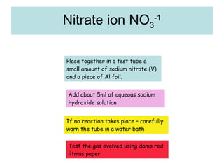 Nitrate ion NO 3 -1 Place together in a test tube a small amount of sodium nitrate (V) and a piece of Al foil. Add about 5ml of aqueous sodium hydroxide solution If no reaction takes place – carefully warn the tube in a water bath Test the gas evolved using damp red litmus paper 