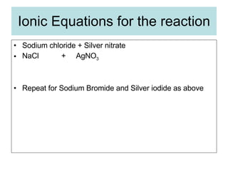 Ionic Equations for the reaction Sodium chloride + Silver nitrate NaCl  +  AgNO 3 Repeat for Sodium Bromide and Silver iodide as above 