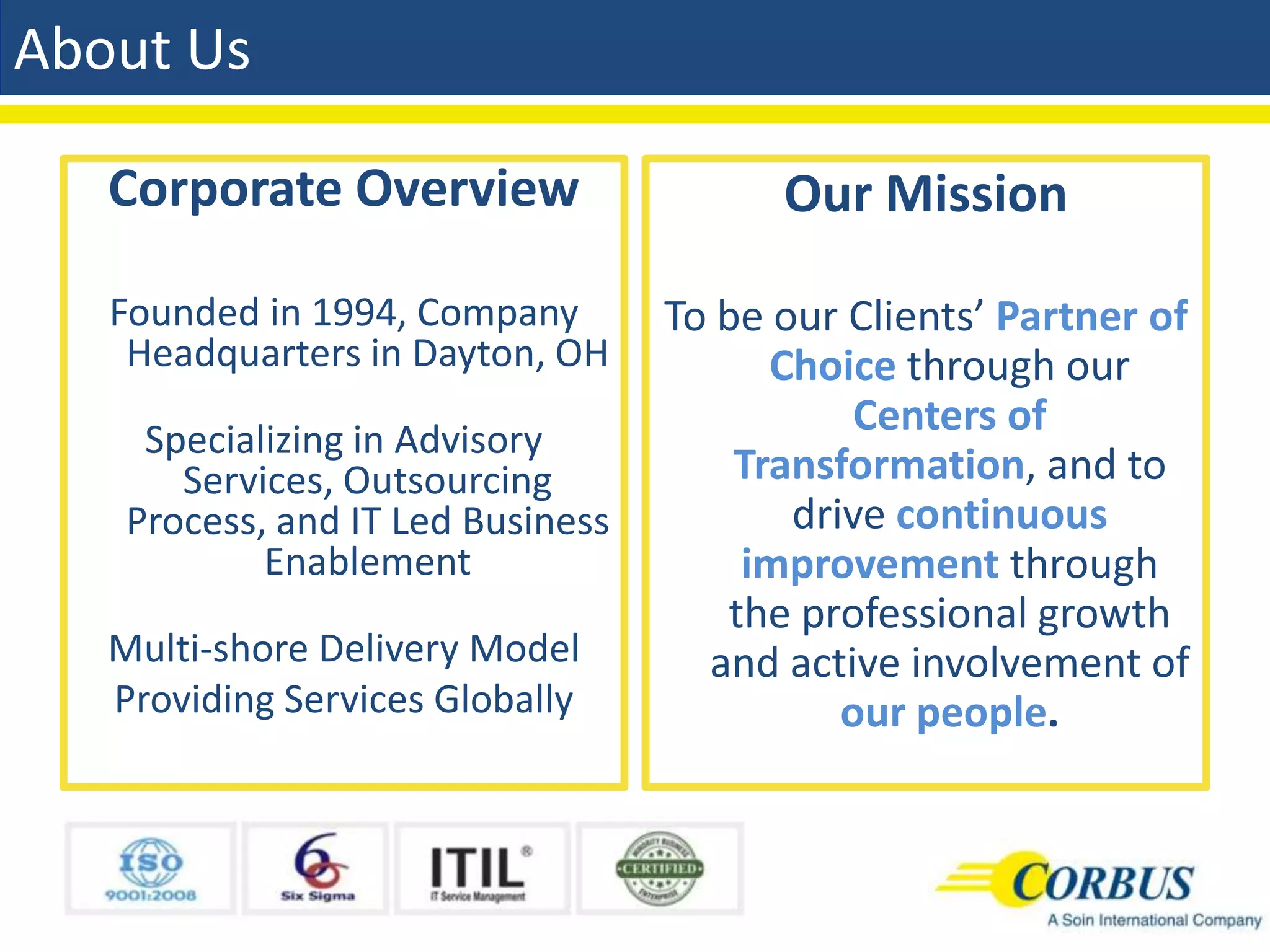 About Us

   Corporate Overview                    Our Mission

   Founded in 1994, Company        To be our Clients’ Partner of
    Headquarters in Dayton, OH           Choice through our
                                              Centers of
     Specializing in Advisory
       Services, Outsourcing           Transformation, and to
    Process, and IT Led Business          drive continuous
            Enablement                  improvement through
                                       the professional growth
   Multi-shore Delivery Model        and active involvement of
   Providing Services Globally               our people.
 