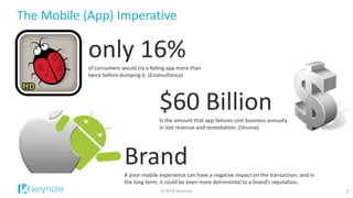 The Mobile (App) Imperative 
3 
only 16% 
of consumers would try a failing app more than twice before dumping it. (Econsultancy) 
Brand 
A poor mobile experience can have a negative impact on the transaction; and in the long term, it could be even more detrimental to a brand’s reputation. 
$60 Billion 
Is the amount that app failures cost business annually in lost revenue and remediation. (Shunra) 
©2014 Keynote  