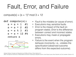 compute(s) = (s + 1)2 mod 3 + 12
def compute(s):
s = s + 1 #1
s = s * 2 #2
s = s % 3 #3
s = s + 12 #4
return s
Fault, Error, and Failure
• Fault is the mistake (or cause of error).
• Executions may sensitize faults.
• Error is the impact of the fault on
program states; Error is the difference
between correct and incorrect states.
• Executions may mask or propagate
errors.
• Failure is the event when the program
behaves incorrectly, i.e., violates the
speciﬁcation (observed outcome
differs from the expected outcome).
- Software Testing: Concepts and Operations by Ali Mili and Fairouz Tchier (Section 6.1)
- Basic Concepts and Taxonomy of Dependable and Secure Computing by Algirdas Avizienis, Jean-Claude Laprie, Brian Randell, and Carl Landwehr. (Section 2.2)
Input
Fault desensitized
Fault
sensitized Error masked
Error propagated
Success
Failure
System
 