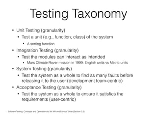 Testing Taxonomy
• Unit Testing (granularity)
• Test a unit (e.g., function, class) of the system
• A sorting function
• Integration Testing (granularity)
• Test the modules can interact as intended
• Mars Climate Rover mission in 1999: English units vs Metric units
• System Testing (granularity)
• Test the system as a whole to ﬁnd as many faults before
releasing it to the user (development team-centric)
• Acceptance Testing (granularity)
• Test the system as a whole to ensure it satisﬁes the
requirements (user-centric)
- Software Testing: Concepts and Operations by Ali Mili and Fairouz Tchier (Section 3.3)
 