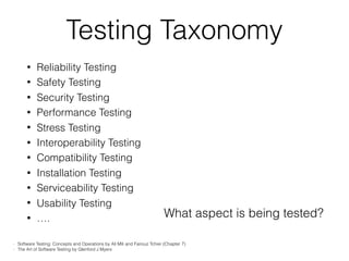 Testing Taxonomy
• Reliability Testing
• Safety Testing
• Security Testing
• Performance Testing
• Stress Testing
• Interoperability Testing
• Compatibility Testing
• Installation Testing
• Serviceability Testing
• Usability Testing
• ….
- Software Testing: Concepts and Operations by Ali Mili and Fairouz Tchier (Chapter 7)
- The Art of Software Testing by Glenford J Myers
What aspect is being tested?
 