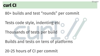 curl CI
80+ builds and test “rounds” per commit
Tests code style, indenting etc
Thousands of tests per build
Builds and tests on tens of platforms
20-25 hours of CI per commit
@bagder@bagder
 