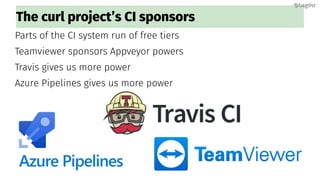 The curl project’s CI sponsors
Parts of the CI system run of free tiers
Teamviewer sponsors Appveyor powers
Travis gives us more power
Azure Pipelines gives us more power
@bagder@bagder
 