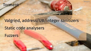 Torment
Valgrind, address/UB/integer sanitizersValgrind, address/UB/integer sanitizers
Static code analysersStatic code an...