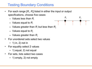 Testing Boundary Conditions
• For each range [R1, R2] listed in either the input or output
specifications, choose five cases:
– Values less than R1
– Values equal to R1
– Values greater than R1 but less than R2
– Values equal to R2
– Values greater than R2
• For unordered sets select two values
– 1) in, 2) not in
• For equality select 2 values
– 1) equal, 2) not equal
• For sets, lists select two cases
– 1) empty, 2) not empty
R1 R2
 