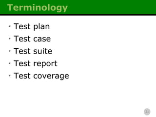 Terminology Test plan Test case Test suite Test report Test coverage 