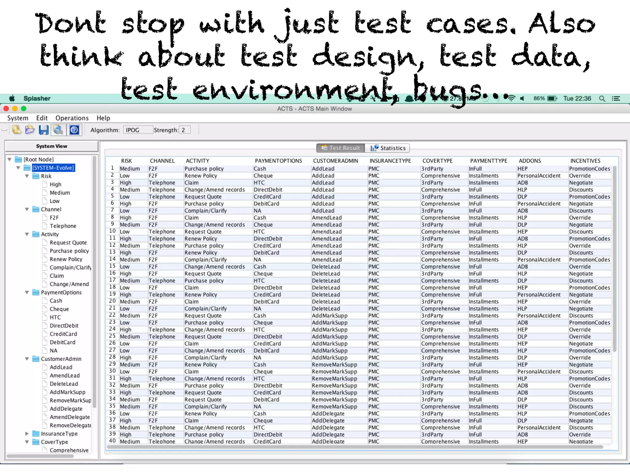 Dont stop with just test cases. Also 
think about test design, test data, 
test environment, bugs… 
 