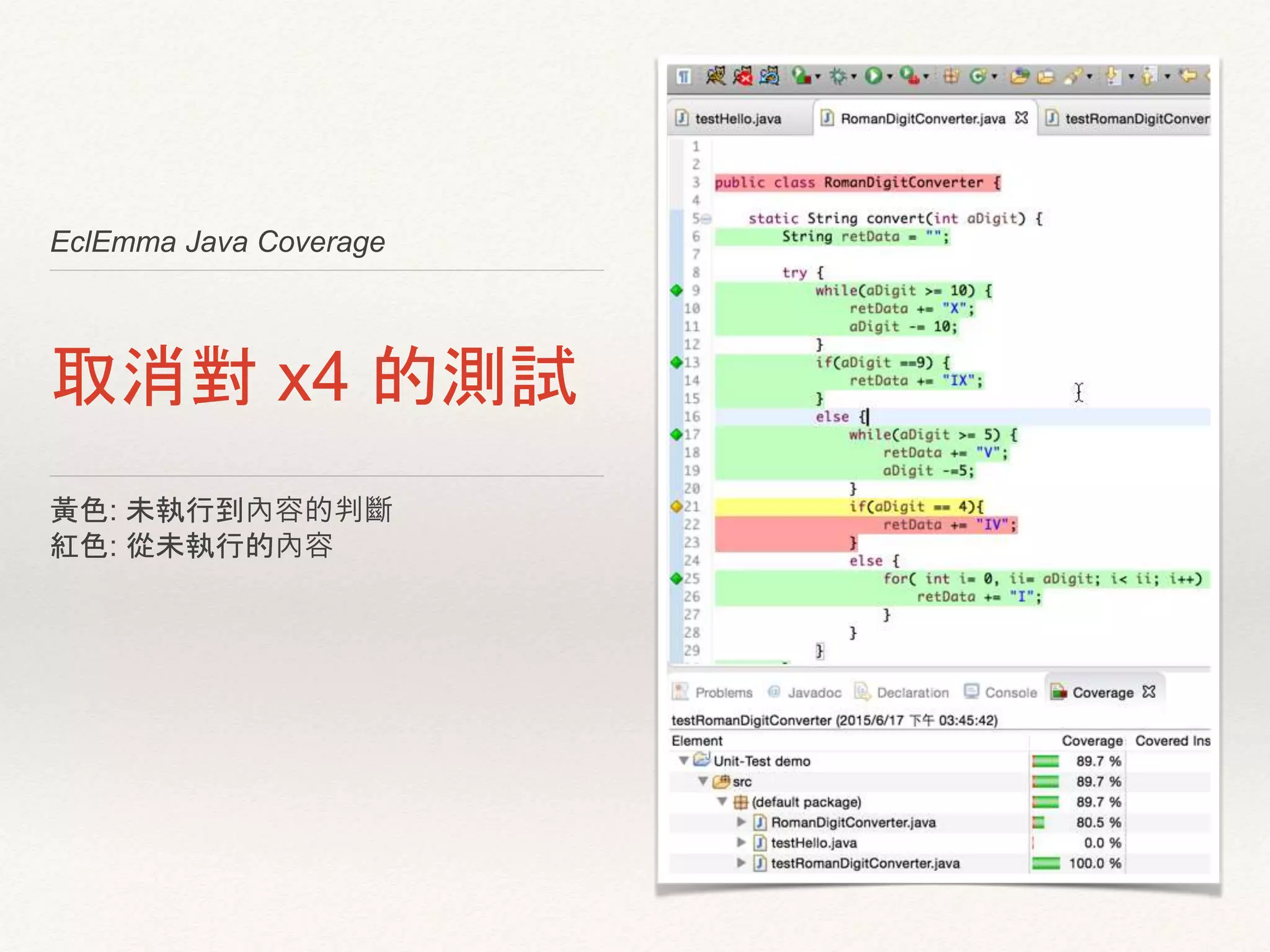 EclEmma Java Coverage
取消對 x4 的測試
黃色: 未執行到內容的判斷
紅色: 從未執行的內容
 