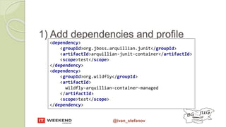 @ivan_stefanov
1) Add dependencies and profile
<dependency>
<groupId>org.jboss.arquillian.junit</groupId>
<artifactId>arquillian-junit-container</artifactId>
<scope>test</scope>
</dependency>
<dependency>
<groupId>org.wildfly</groupId>
<artifactId>
wildfly-arquillian-container-managed
</artifactId>
<scope>test</scope>
</dependency>
 