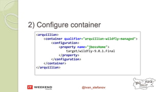 @ivan_stefanov
2) Configure container
<arquillian>
<container qualifier="arquillian-wildfly-managed">
<configuration>
<property name="jbossHome">
target/wildfly-9.0.1.Final
</property>
</configuration>
</container>
</arquillian>
 