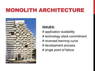 MONOLITH ARCHITECTURE
ISSUES:
# application scalability
# technology stack commitment
# reversed learning curve
# development process
# single point of failure
 