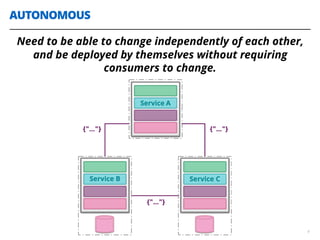 AUTONOMOUS
4
Need to be able to change independently of each other,
and be deployed by themselves without requiring
consumers to change.
 