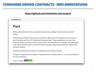 CONSUMER DRIVEN CONTRACTS - IMPLEMENTATIONS
30
https://github.com/realestate-com-au/pact
 