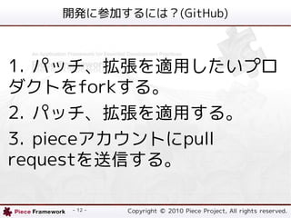 _k˲μӤˤϣ(GitHub)



1. ѥåmäץ
Ȥfork롣
2. ѥåmä롣
3. pieceȤpull
requestŤ롣

    - 12 -   Copyright ? 2010 Piece Project, All rights reserved.
 