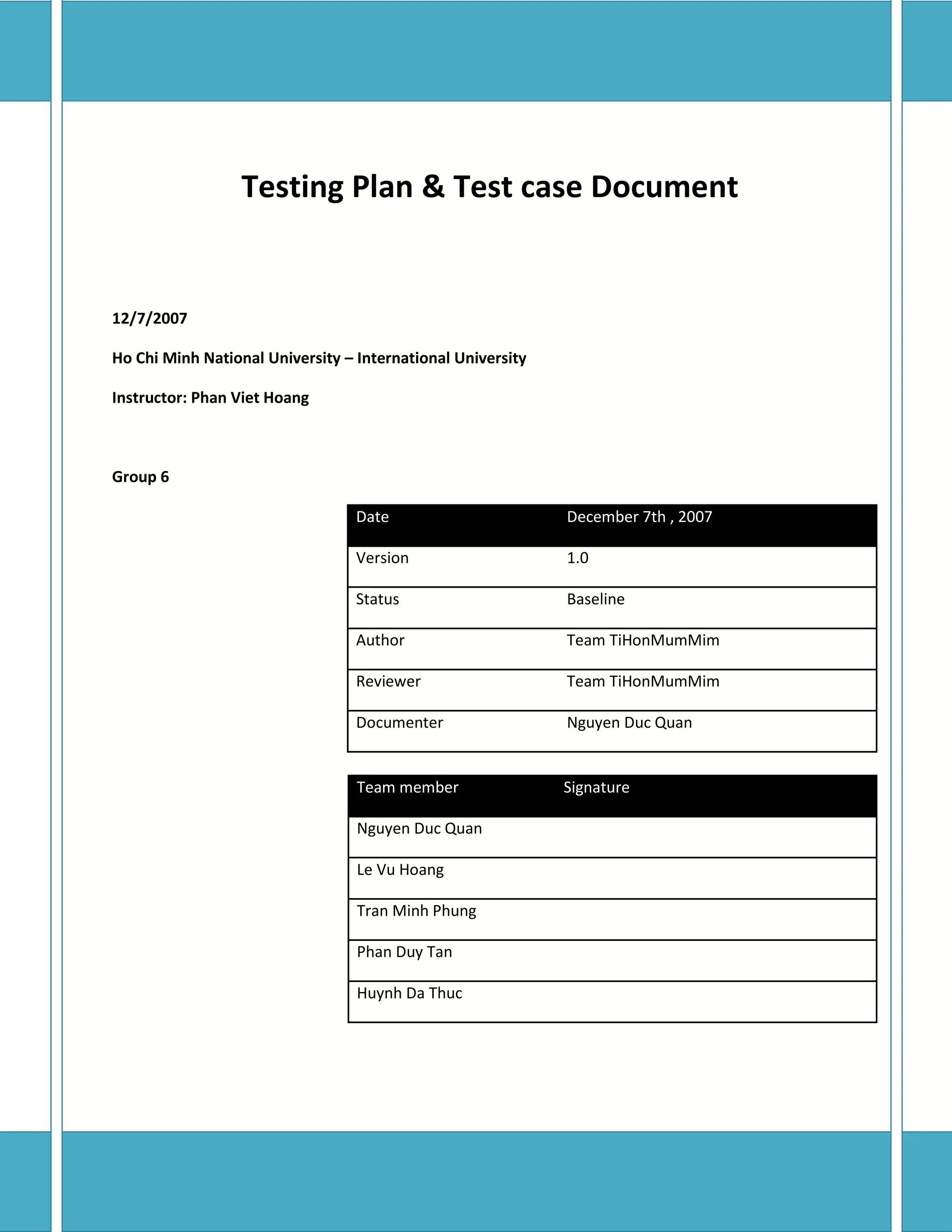 Testing Plan Test Case