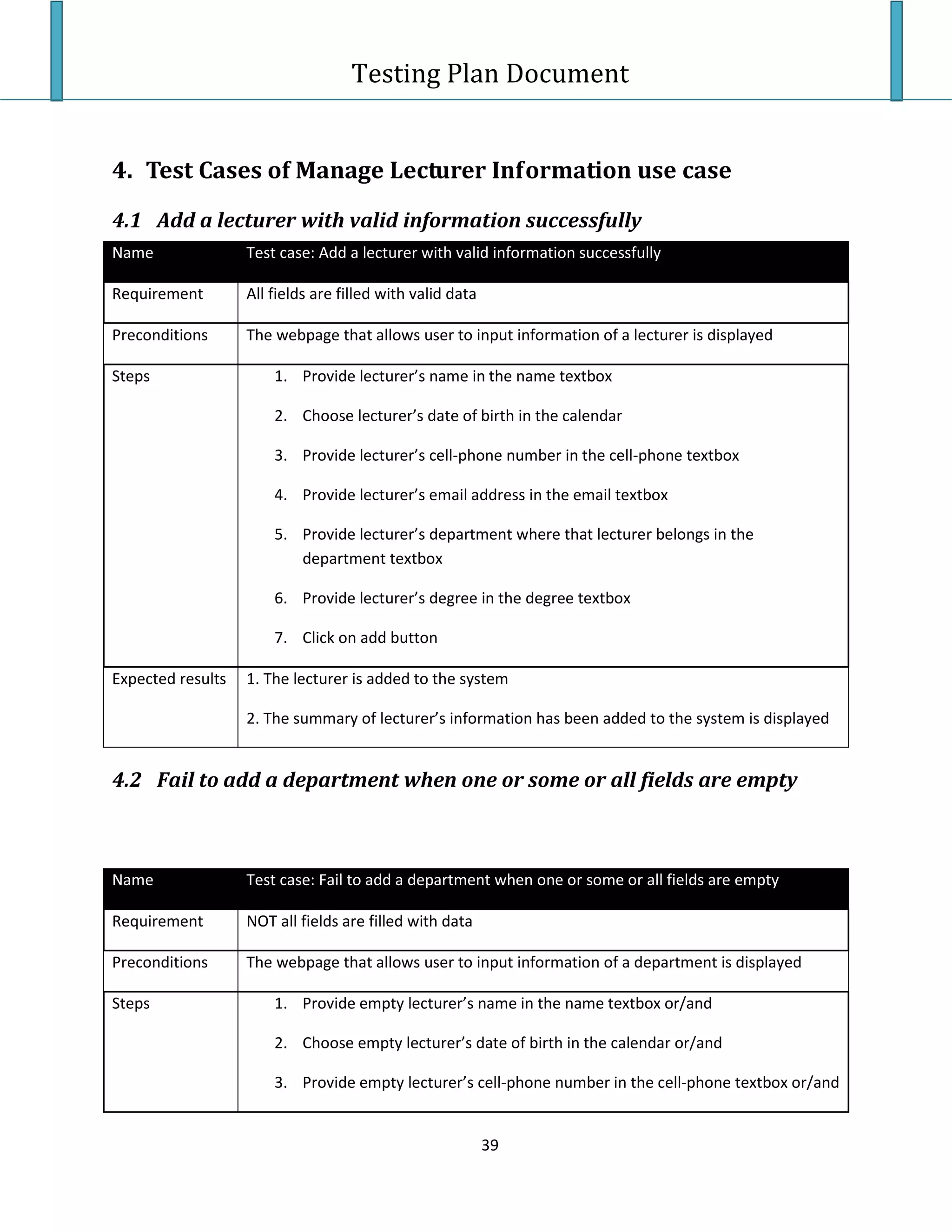 Testing Plan Test Case